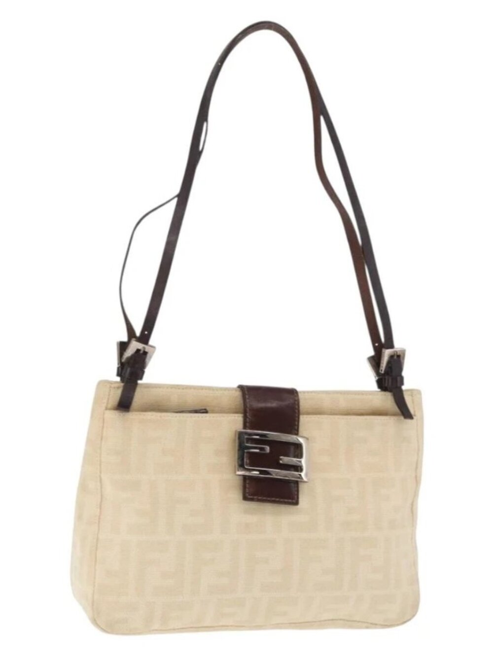 FENDI Zucca Canvas Shoulder Bag Ivory Silver Auth 161007